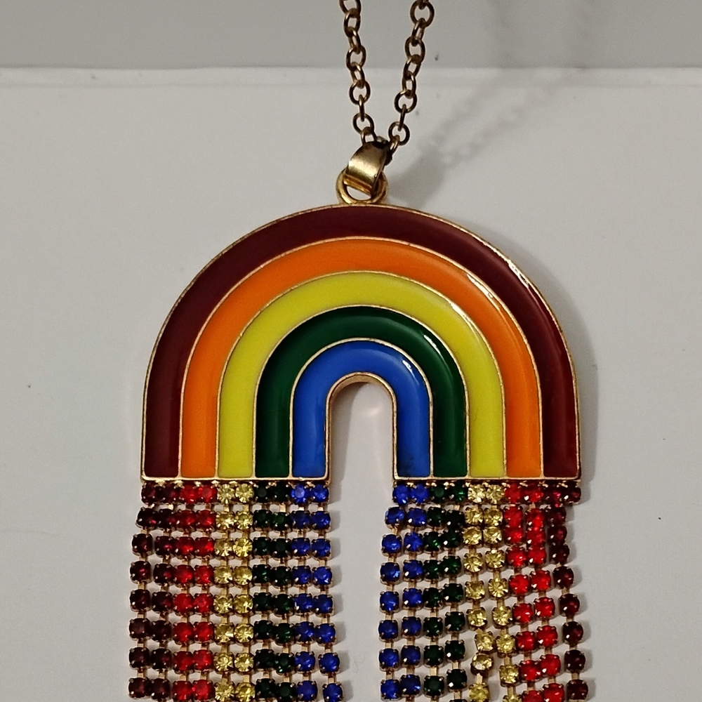 Vintage RAINBOW Rhinestone Necklace Colorful Retro Fashion Jewelry 28 In Long